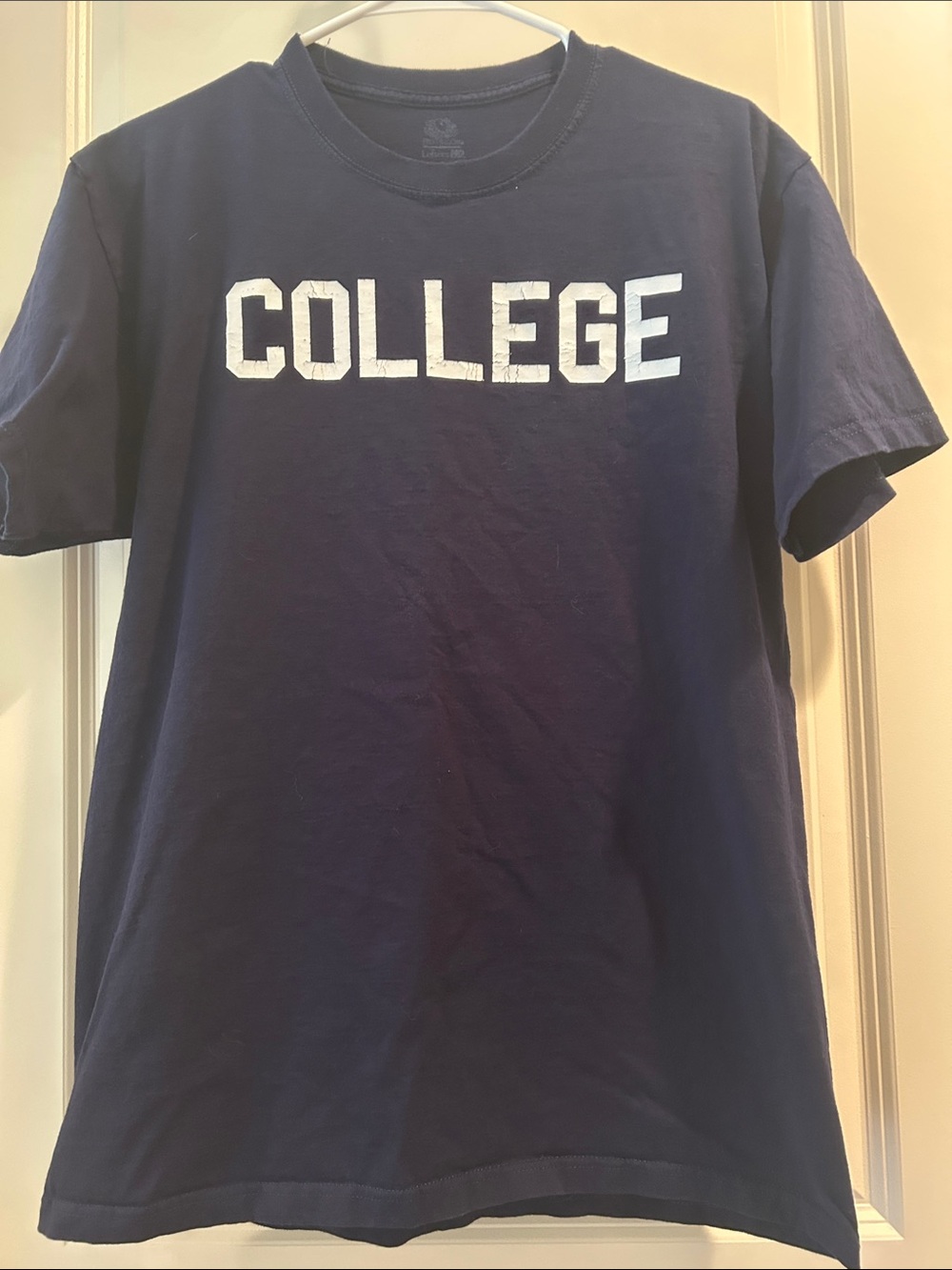 Fruit of the Loom "COLLEGE" Animal House style Graphic Tee Short Sleeves L navy